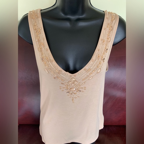 Zara natural Tan color Tank Top sexy deep V neck with shiny beadings US M - Picture 5 of 13